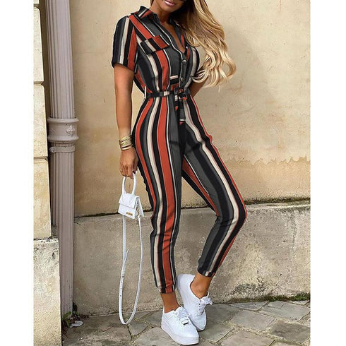 Casual lapel buckle print belt frock jumpsuit